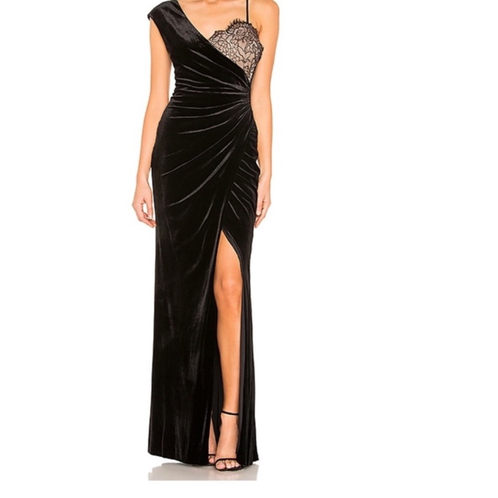 BCBG Asymmetric Lace Gown in Black